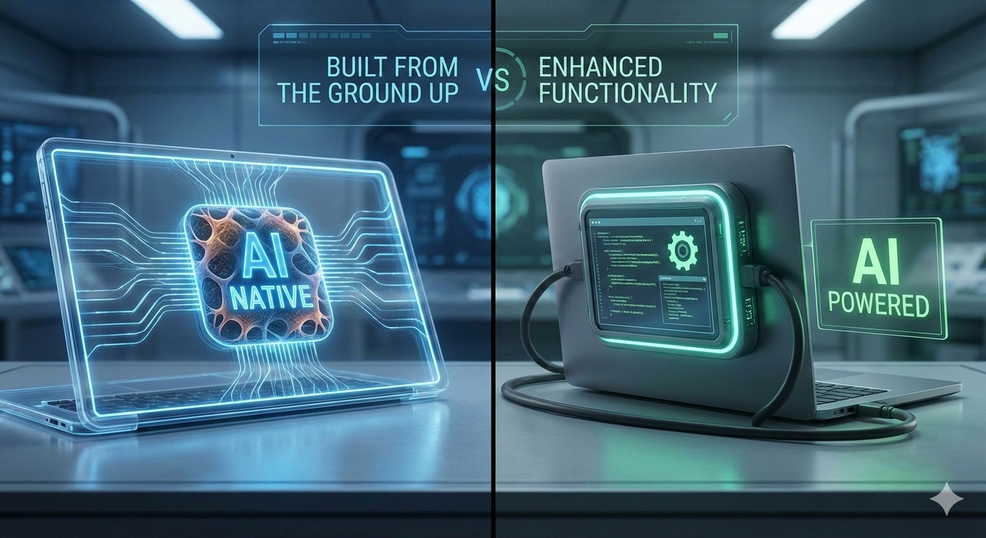 AI Native vs AI Powered comparison showing built from the ground up versus enhanced functionality with holographic displays